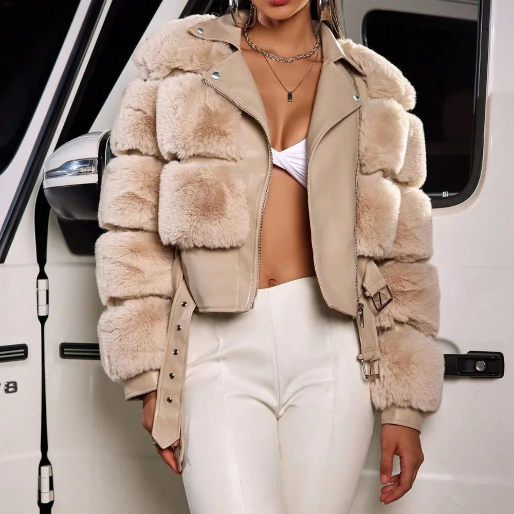 Khaki Casual Women's Faux Fur Spliced Faux Leather Double Belt Slim Warm Jacket - Picture 1 of 7